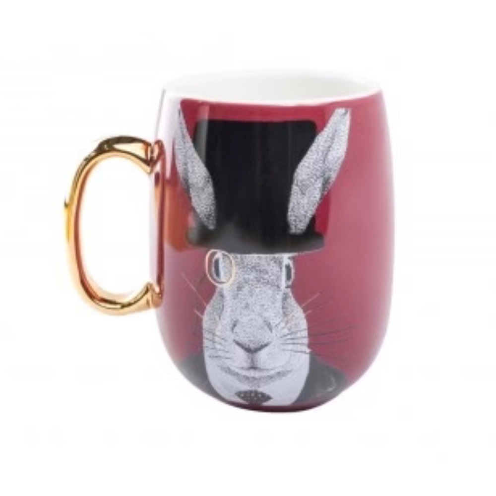 Sweet Living Collection Dapper Rabbit Mug Burgundy Gold Handle Top Hat Monocle